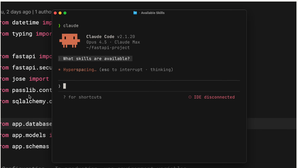 Claude Code に What skills are available? と問い合わせている画面